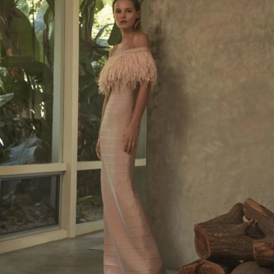 

Adyce 2019 New Summer Nude Bandage Dress Women Vestidos Sexy Feathers Off Shoulder Strapless Bodycon Club Celebrity Party Dress
