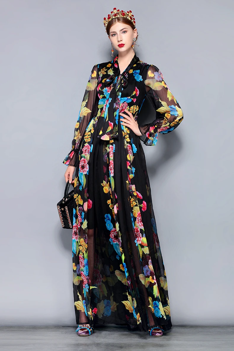LD LINDA DELLA Runway Maxi Dress Plus size Women's Long Sleeve Bow Collar Vintage Floral Print Chiffon Party Holiday Long Dress