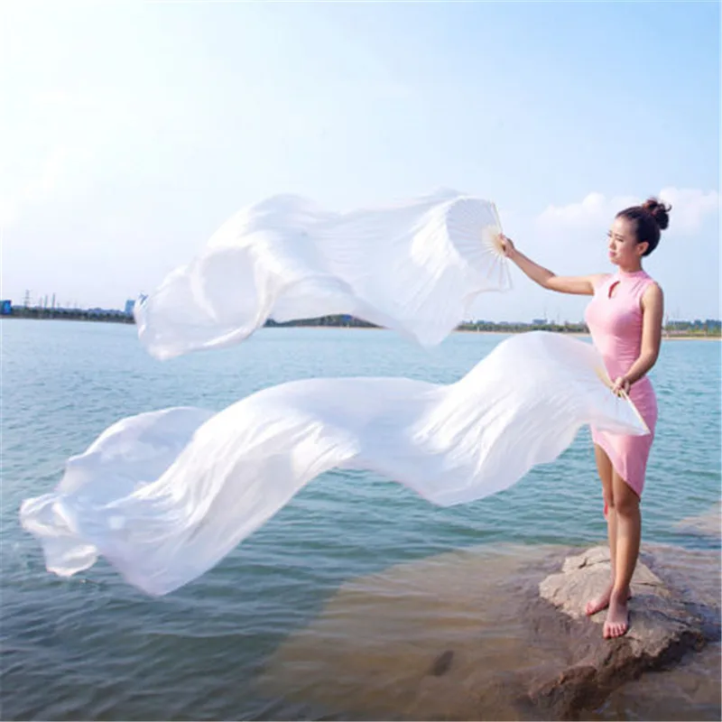 

180cm Long White Silk Belly Dance Folk Dance Fans Children Adult Hand Made Colorful Bamboo Flame Long Folding Fan Veils Props