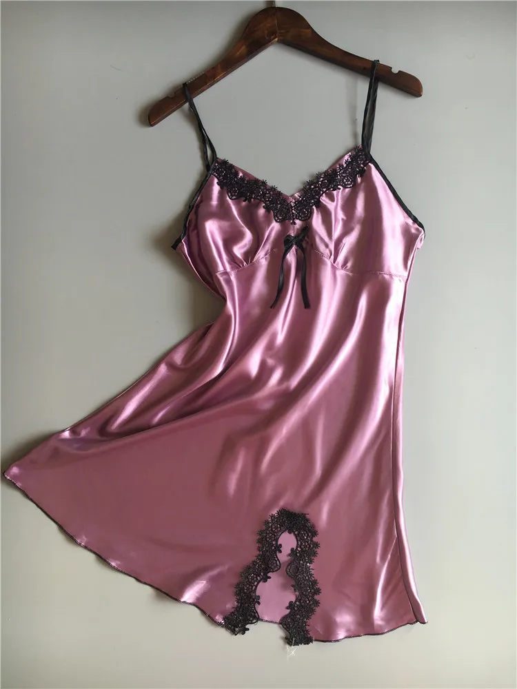 Fdfklak Лидер продаж шелковый атлас ночь платье Для женщин пикантные Кружево белье короткие Ночные рубашки для девочек Для женщин пижамы