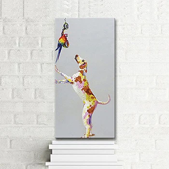 

Hand-painted Modern Colorful lovely dog parrot Oil Painting on Canvas Animal dogr wall Decor pictures for Living room home decor