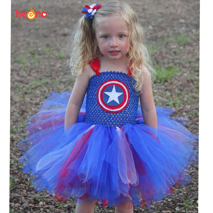 Платье-пачка для девочек в стиле Капитана Америки; детская одежда на Хэллоуин; Детский карнавальный костюм супергероя