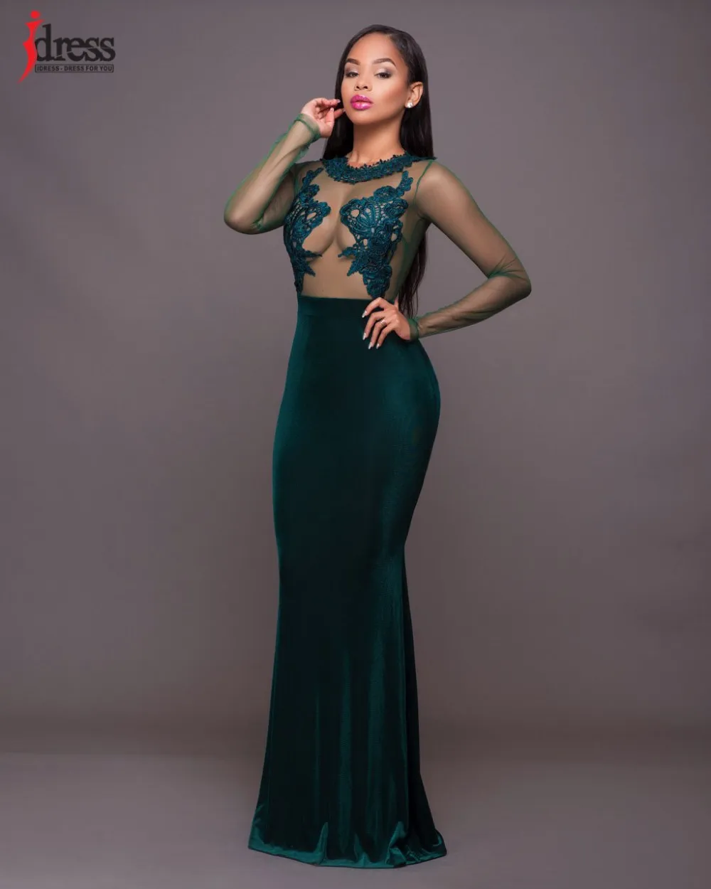 IDress High Quality Women Wine Red  Dark Green Sexy See Through Dress Women Club Party Evening Long Sleeve Velvet Maxi Dress (9)