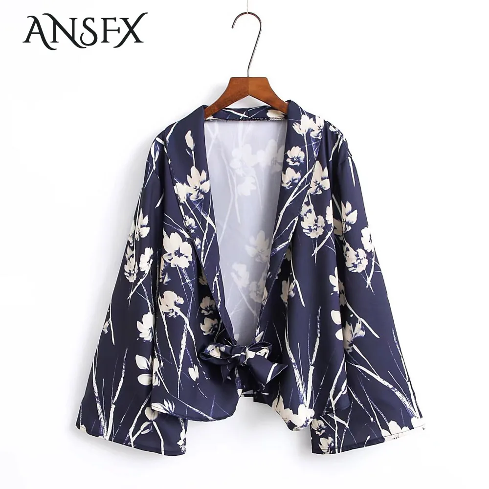 

ANSFX Vintage Woman Floral Leaf Pattern Print Tied Bow Hem Blazers Long Sleeve Ethnic Autumn Suits Outerwear Casual Cardigan