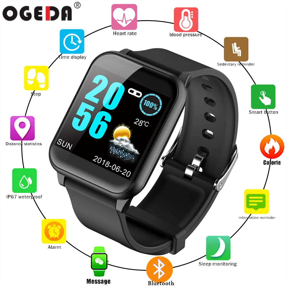 

2019 OGEDA Bluetooth Smart Watch Men Women Fitness Tracker SMARTWATCH Information Phone Reminder IP67 Bracelet for Android IOS