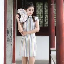 Chinese Traditional Costume Women’s Cotton Cheongsam Mini Dress Size: S to 2XL