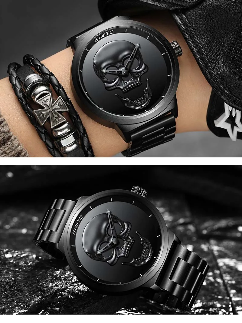 3D череп Личность Ретро Мода Мужские часы GIMTO крутой череп мужской роскошный бренд часов кварцевые Креативные Часы Relogio Masculino