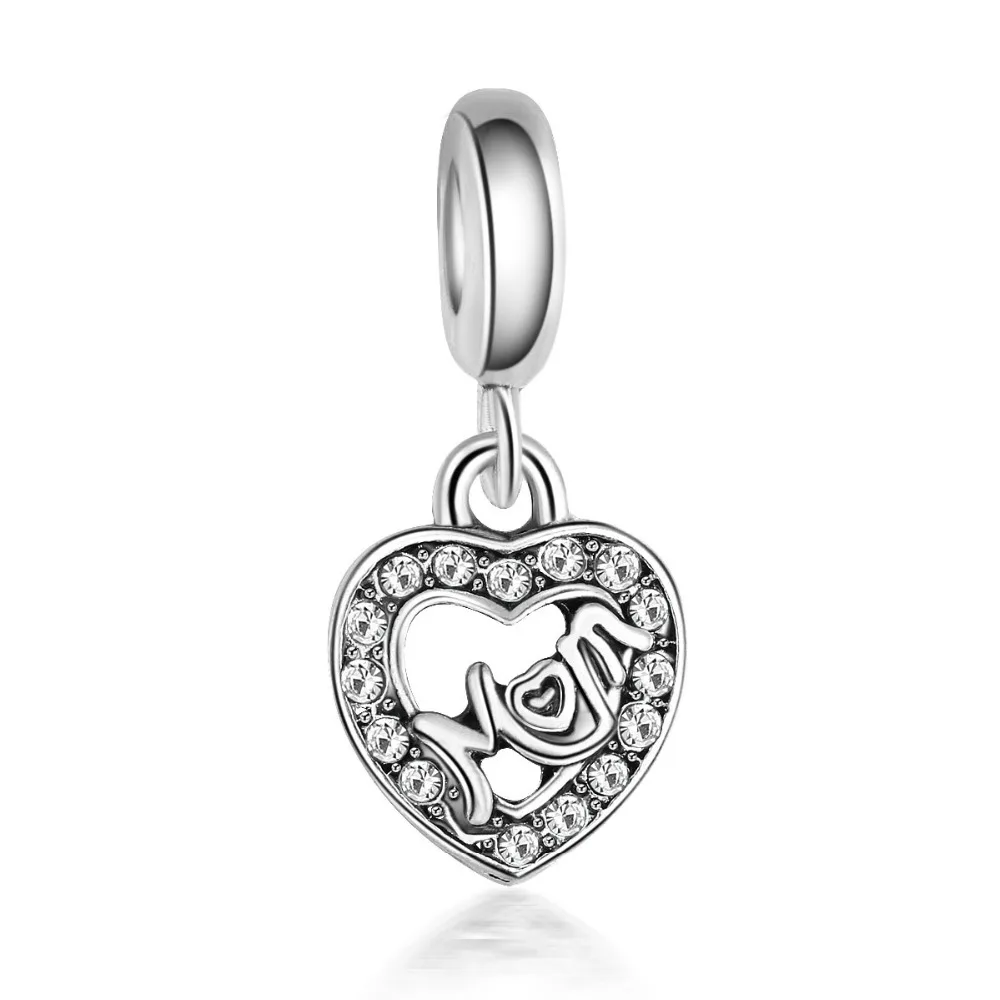 

free shipping 1pc mother's day gift silver plated heart mom hanging bead charms fit european pandora style bracelet B076