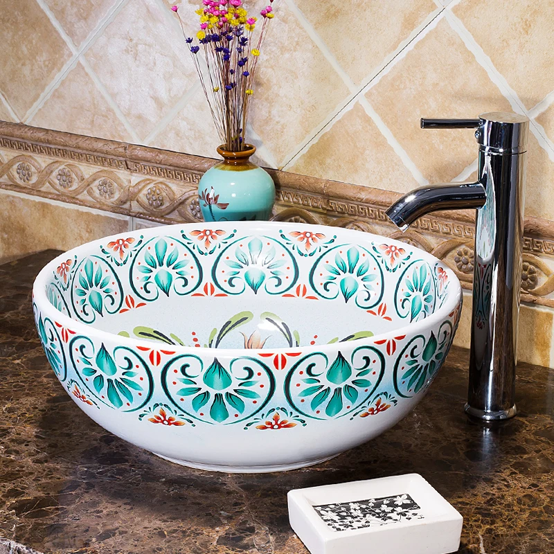 Europe Vintage Style Art Porcelain Countertop Basin Sink Handmade