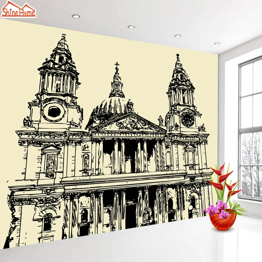 ShineHome Eropa Kota Lukisan Wallpaper Dinding 3d Mural Hitam Dan