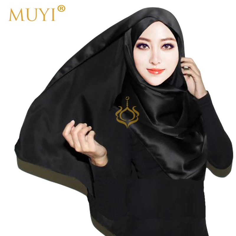 Buy Muslim Women Hijabs Plain Satin Luxury Scarf Foulard Femme Black Headscarf