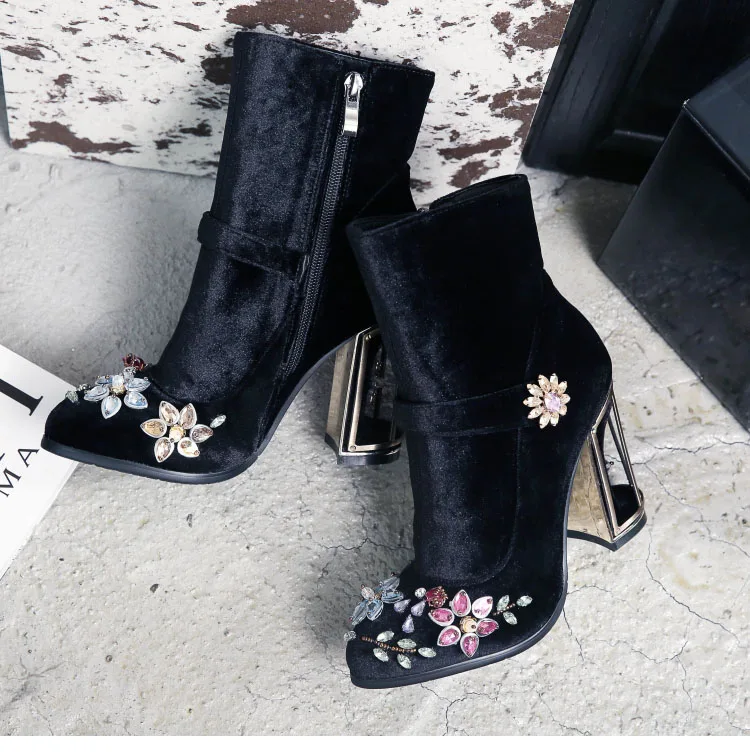 Phoentin черные стразы цветок Женские ботинки для свадьбы; женские туфли в стиле ретро; ботильоны с клетка для птиц Обувь на высоком каблуке на молнии; женская обувь из бархата, FT466