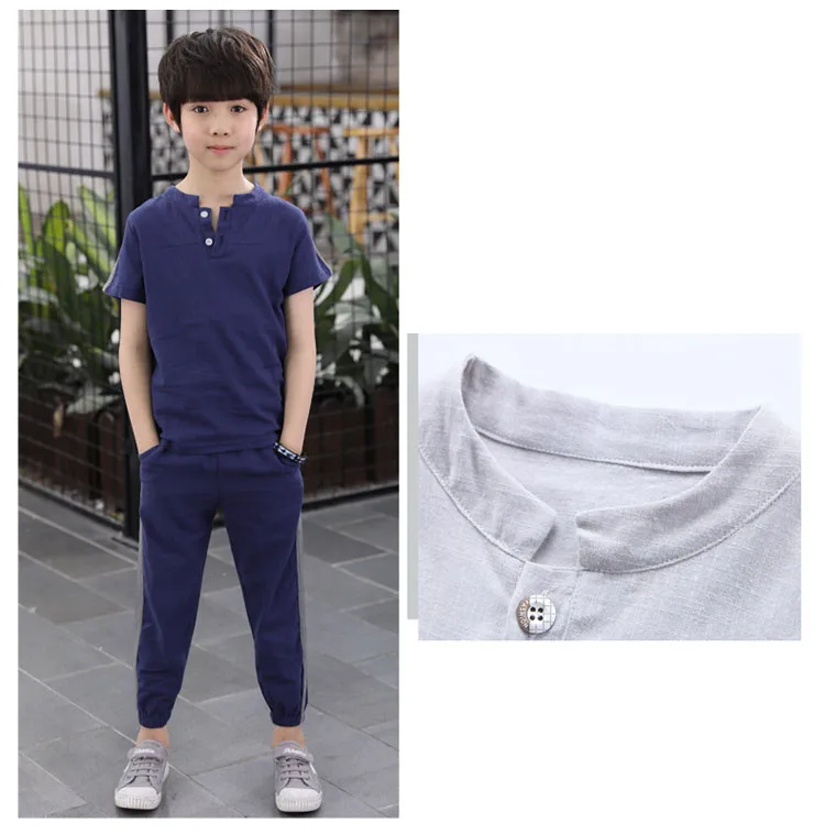 kids 2pcs sets solid o-neck cotton linen tops t shirts for boys sport suits fashion boys clothes children summer 2018 clothing (7)