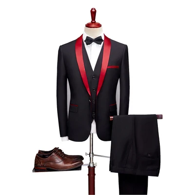 PEORCHID Black Red Tuxedo Men's Suit | Formal Grooms Suit for Wedding or Prom | Blazer, Pants, and Vest | Slim Fit Korean Business Attire image 3