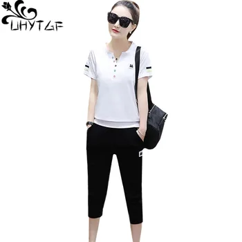 

UHYTGF Womens sports suit summer two piece set Short sleeve top and pants 2 piece set women Casual plus size tracksuit Lady 348