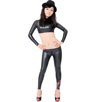 

Free Shipping Women Faux Leather Fashion Tight Sexy Interpretation High-neck Long Sleeve Short Top+ U Crotch Pencil Pants Suits