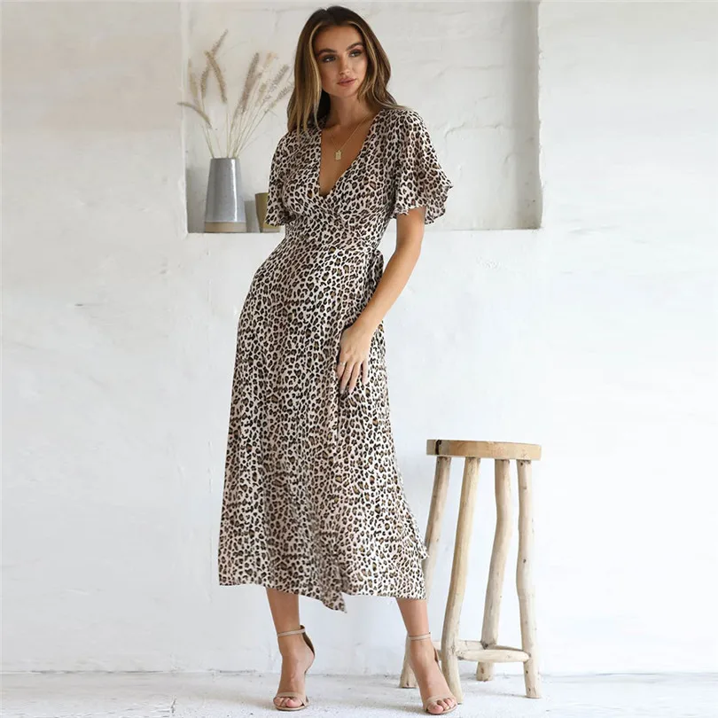 New Women Leopard Bohemian Long Dress 2019 Summer Sexy Deep V-neck Short Sleeve Long Maxi Party Beach Dress #E10 (24)