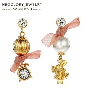 

Neoglory Simulated Pearl & Zircon & Fabric Long Drop Earrings Lovely Cute Rabbit & Clock Stylish Party School Daily Gift