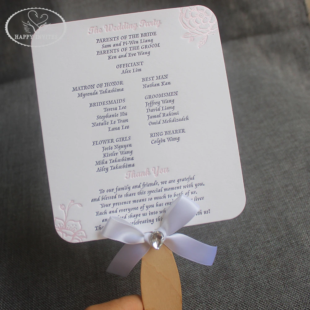 HI9035-03 Custom Elegant White Wedding Program Fan with Black & Pink Foil Letterpress Made in China