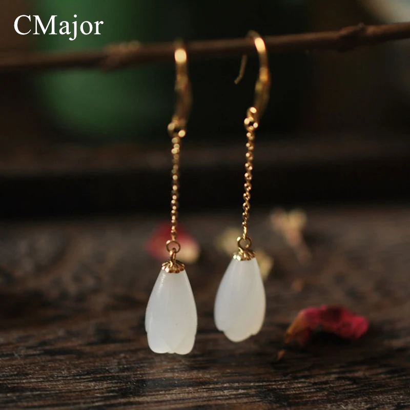 Cmajor Vintage Goud Kleur Tassel Lange Oor Draad Natuursteen Michelia Alba Vormige Oorbellen Voor Vrouwen Delicate Handgemaakte Sieraden