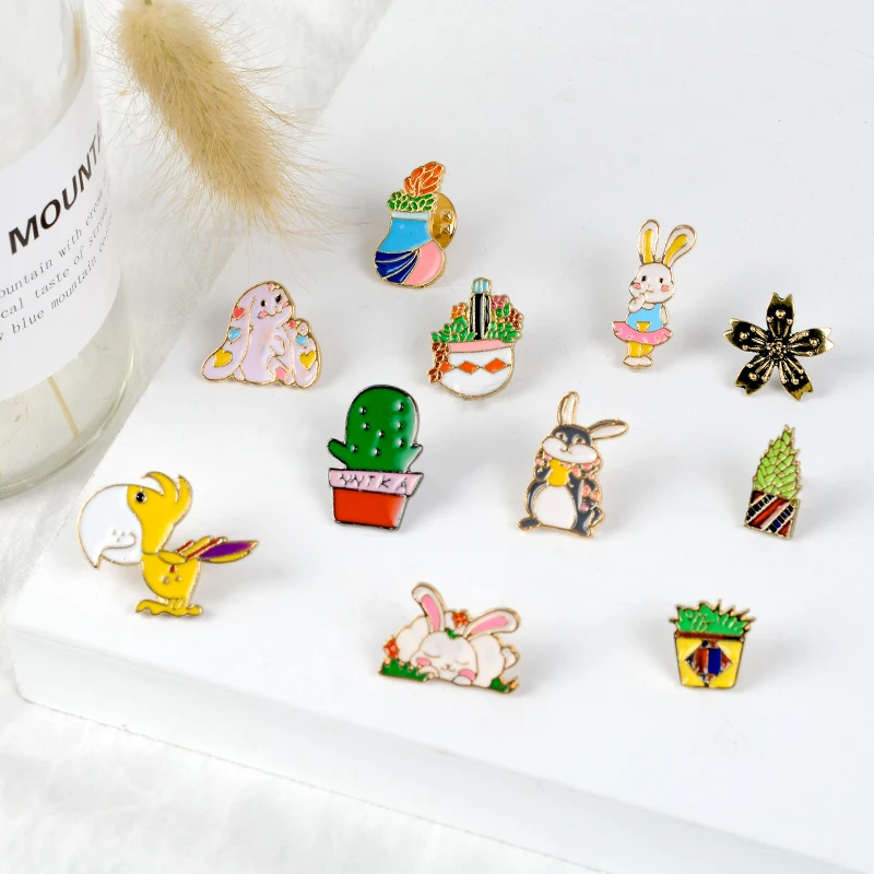 

Cute Animal and Plant Enamel Pins Rabbit Bunny Potted Plant Cactus Flower Sakura Brooches Badges Hat Backpack Coat Lapel Pin