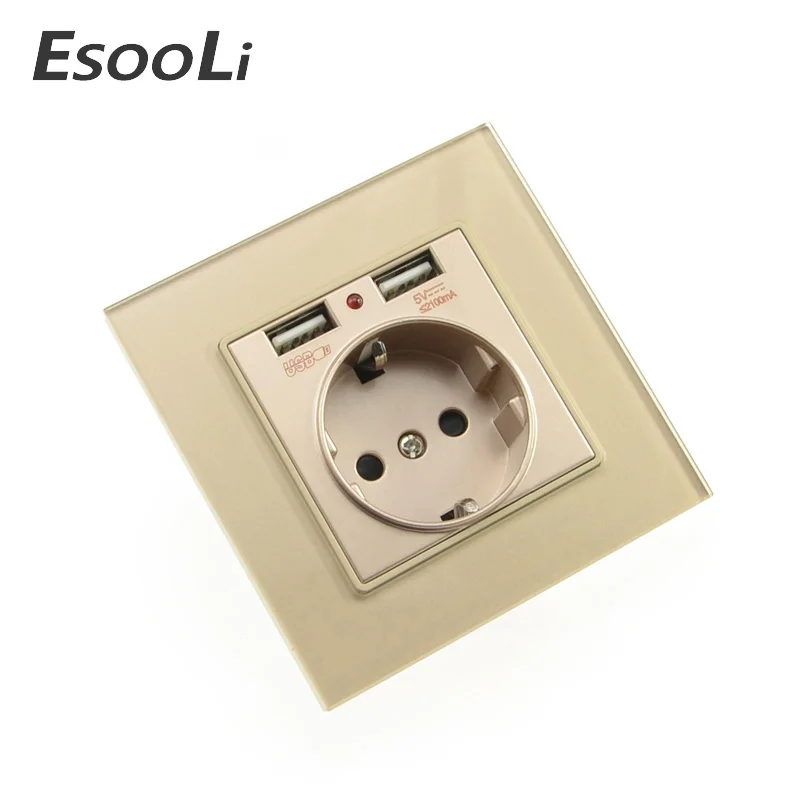 EsooLi розетка мощность 16A ЕС стандартный выход с 2A двойной usb-порт для зарядки для мобильного телефона золото закаленное стекло USB разъем