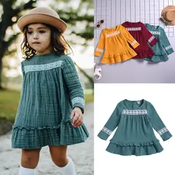 Новые осенние детские платья для маленьких девочек; однотонное кружевное платье принцессы с длинными рукавами и рюшами; одежда для От 6