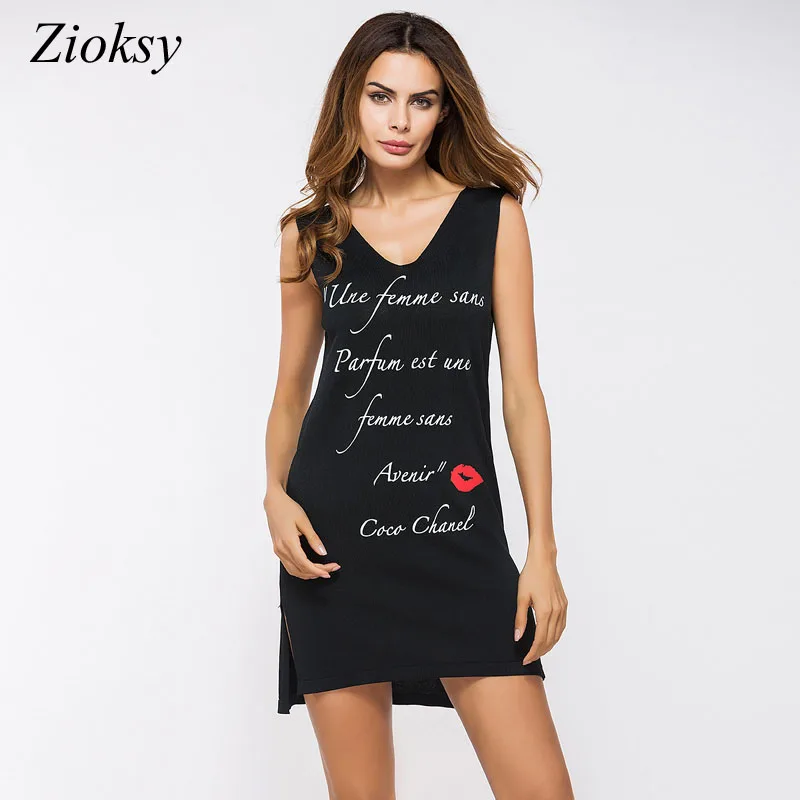 Zioksy 2017 New Ladies Summer Style Black Women Sexy Bodycon Mini Tank Dresses Casual Letter 