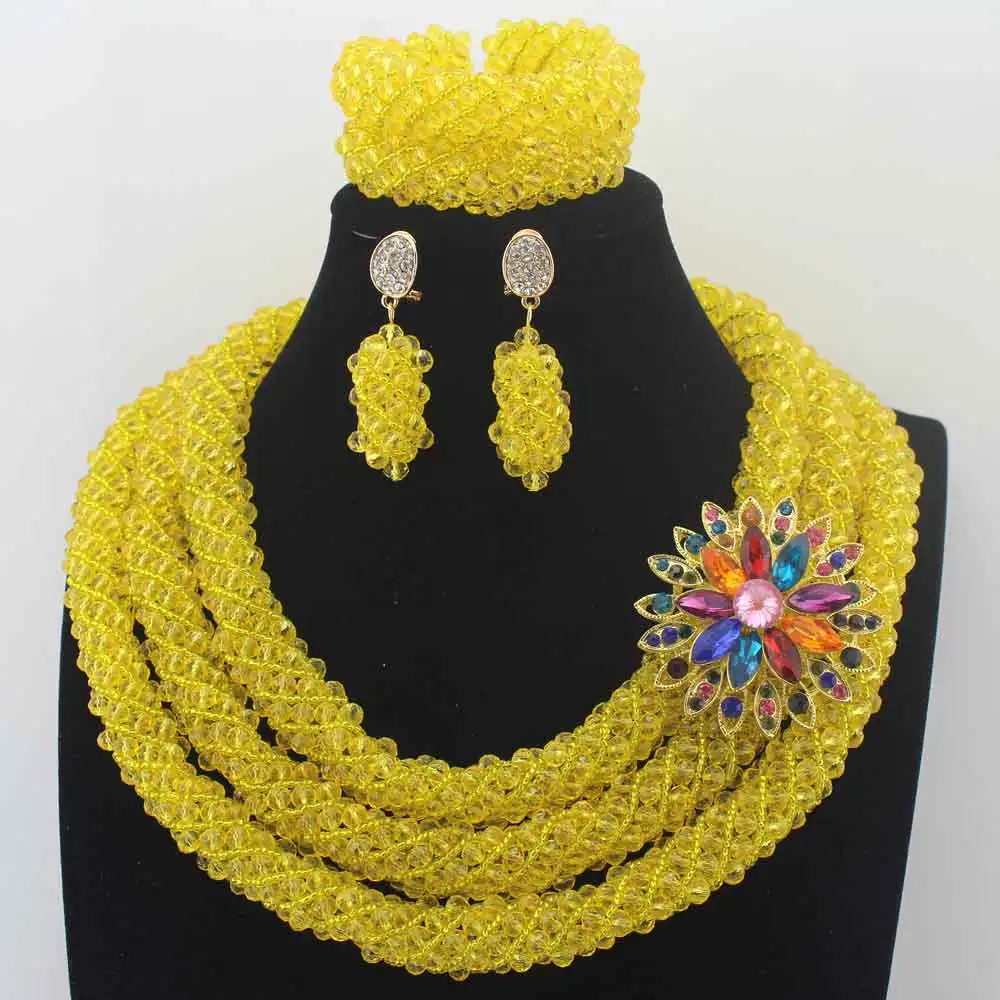 

Exclusive New Yellow Wedding Flower Nigerian African Beads Jewelry Set 2019 Costume Women Jewelry Set Free Shipping HD8641