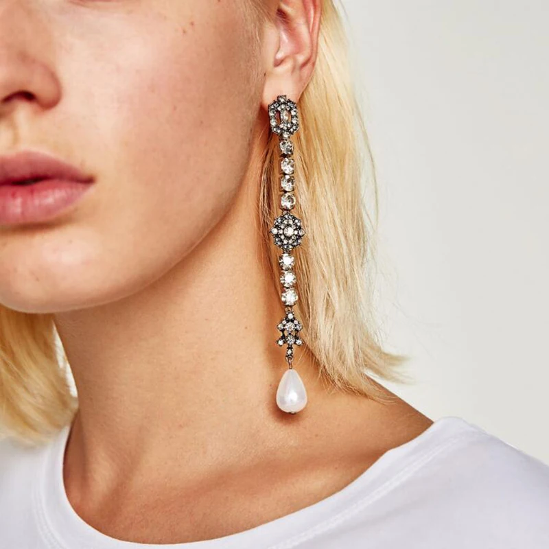 

Girlgo Charm Water Drop Simulated Pearl Long Dangle Earrings For Women Wedding Trendy Geometric Statement Drop Earrings Jewelry