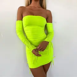 Для женщин сексуальное платье неоновый зеленый Drawstring платья-футляр с вырезом на спине летний сексуальный клуб одежда ночной клуб