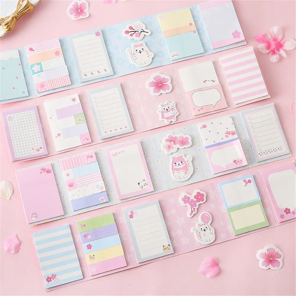 Cartoon Cute Cat In The Sakura Sticky Notes Multi Folding Writing Pads Label Kawaii Stationery School Office Supplies Kids Gifts