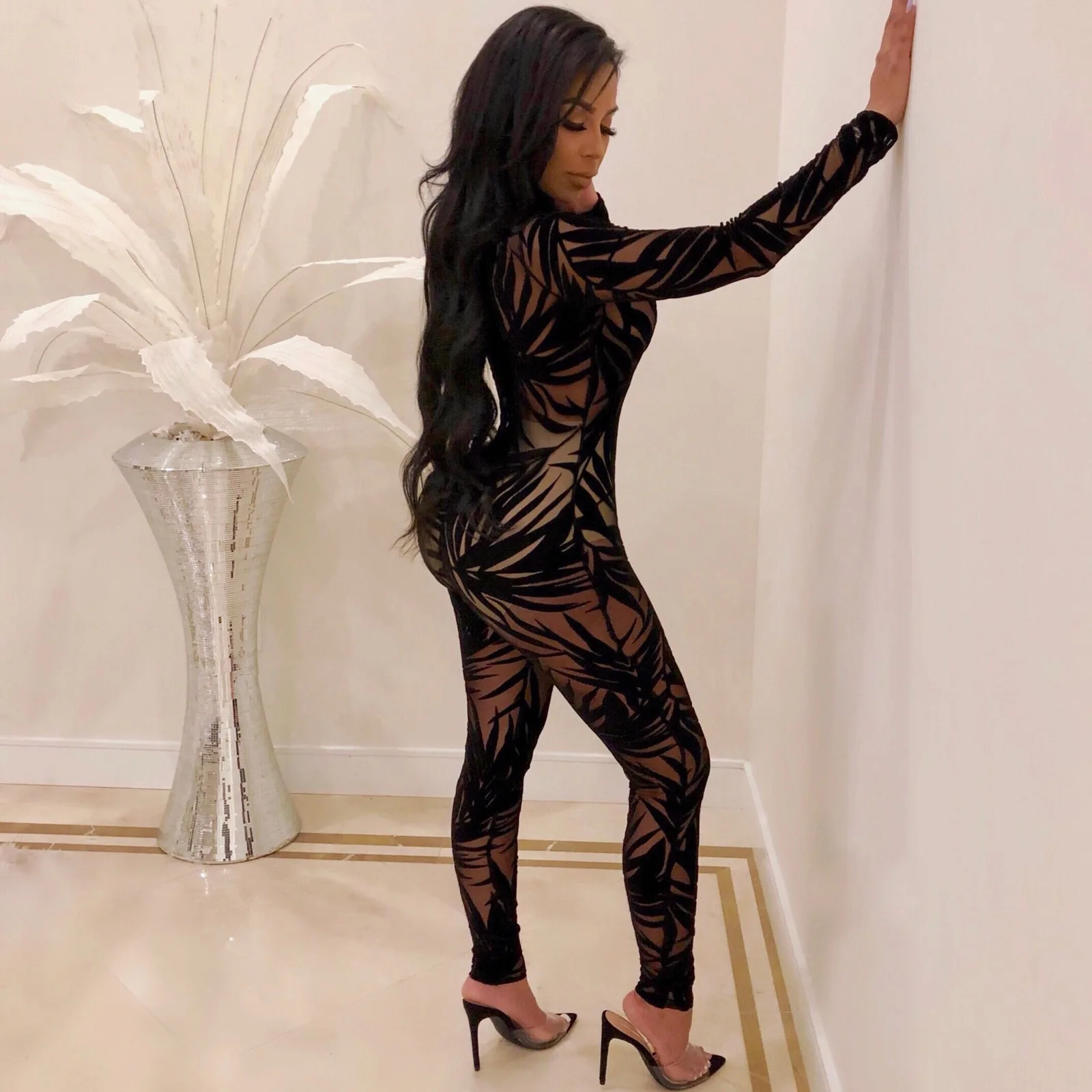 Bandage long-sleeved conjoined bamboo leaf pattern mesh full-length pant tight-fitting solid color nightclub sexy lace jumpsuit Bandage long-sleeved conjoined bamboo leaf pattern mesh full-length pant tight-fitting solid color nightclub sexy lace jumpsuit
