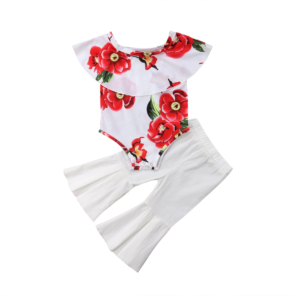 

New Summer Toddler Baby Girl Off Shoulder Ruffles Floral Flounce Bodysuit Tops Flared Pants 2Pcs Clothes Set