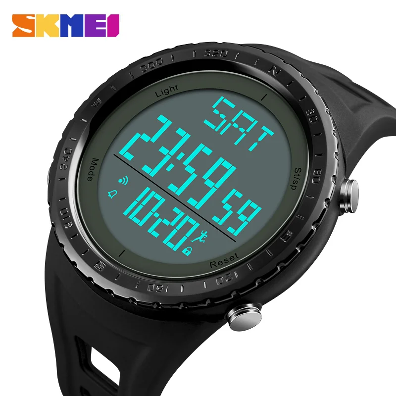 

Man Digital Sport Wrist Watch El Back Light 2 Time Display Calories Tracker Pedometer Men's Waterproof Electronic Wristwatch