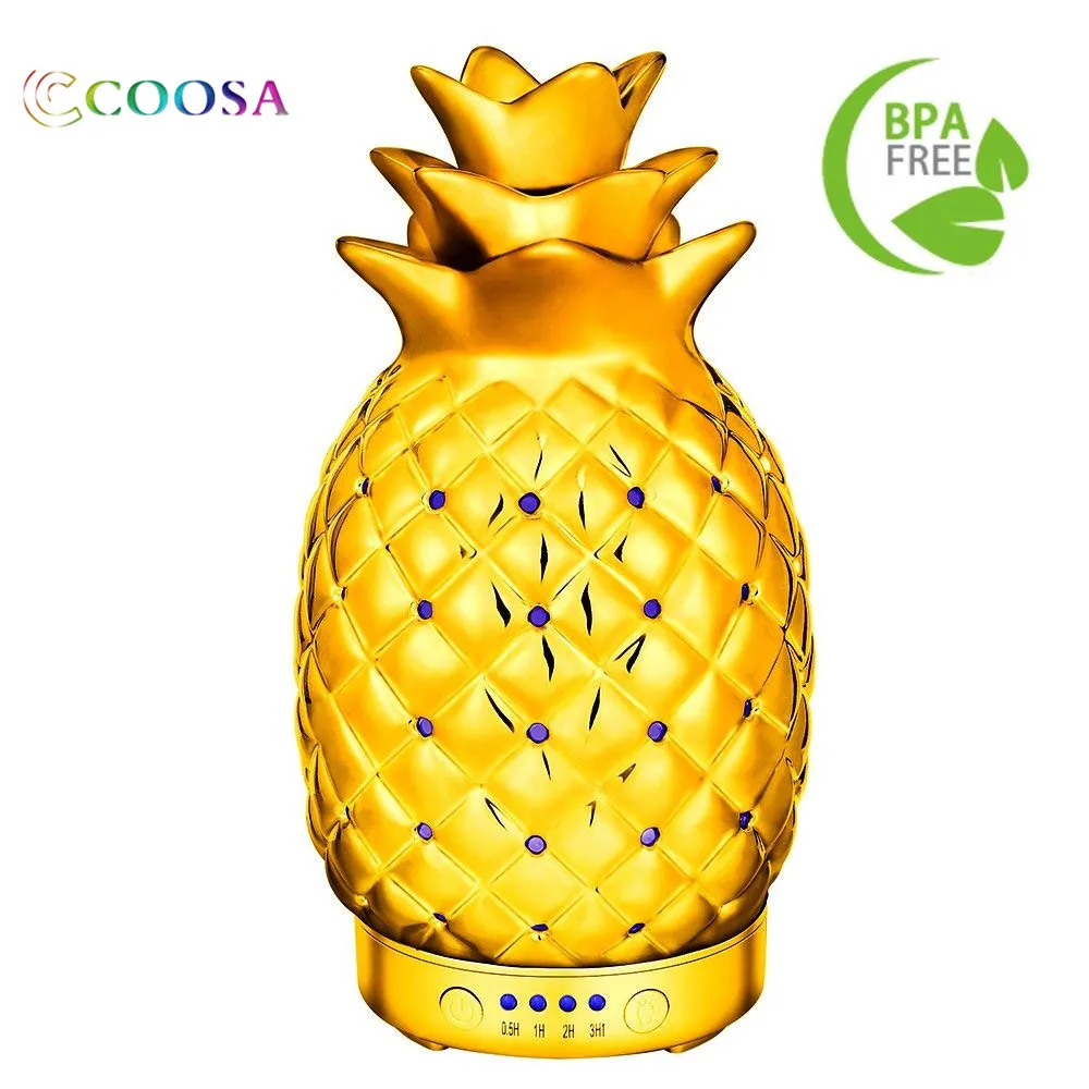 

COOSA 100ml Ceramic Gold Pineapple Shape Essential Oil Diffuser Cool Mist Humidifier for Home Office Bedroom Living Room Yoga