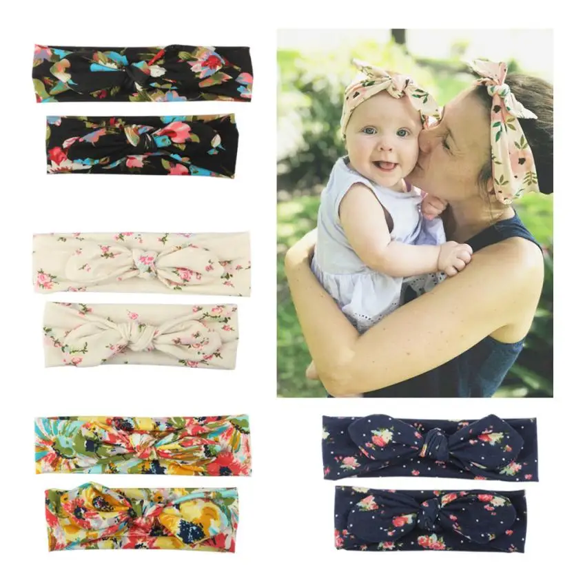 

Parent-child Baby Kid Floral Headbands Rabbit Ears Elastic Bow Hairband Knot Head Wraps Turban Headband Newborn Hair Accessories