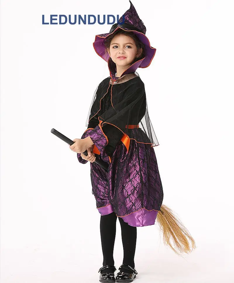 Kids Purple Witch Cosplay Costume with Hat Children Halloween Party Holiday Performance Clothes Girls Black Magic Witch Dress (15)