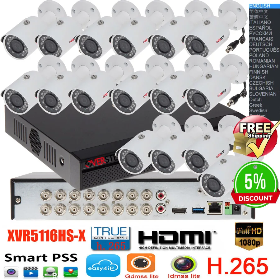 Clearance XVR5116HS-S3 16ch CVI Security Camera System include 16pcs 2MP 1080P Waterproof HDCVI IR bullet Camera HAC-HFW1200S PSS support 1