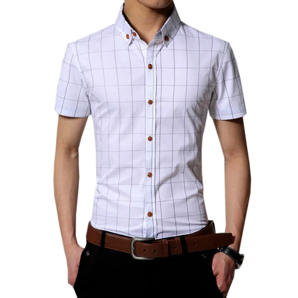 Новая летняя мужская клетчатая однобортная рубашка с отворотом Slim Fit Хлопок деловой с короткими рукавами рубашка повседневные клетчатые
