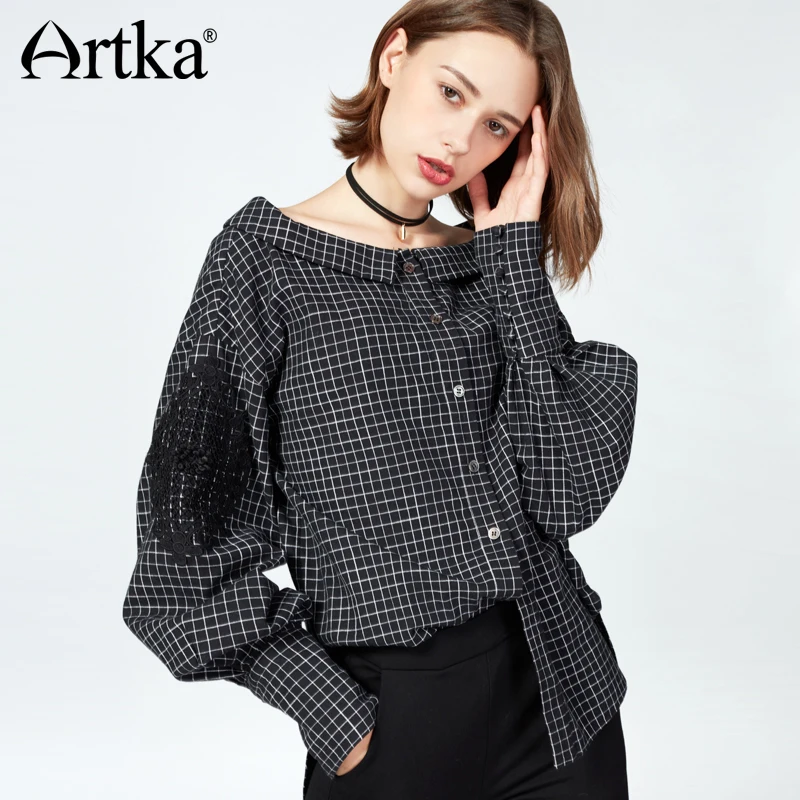 Рубашка в клетку ARTKA с вырезом лодочкой стиле бойфренда фонарик узором на осень и