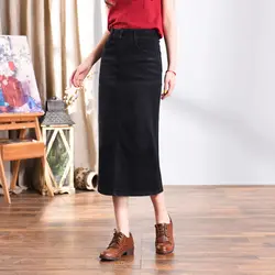 Новая Мода Большие размеры черные джинсовые прямые юбки для женщин Осень-весна до середины икры женские юбки Повседневная Хлопок Смесь hdq0802