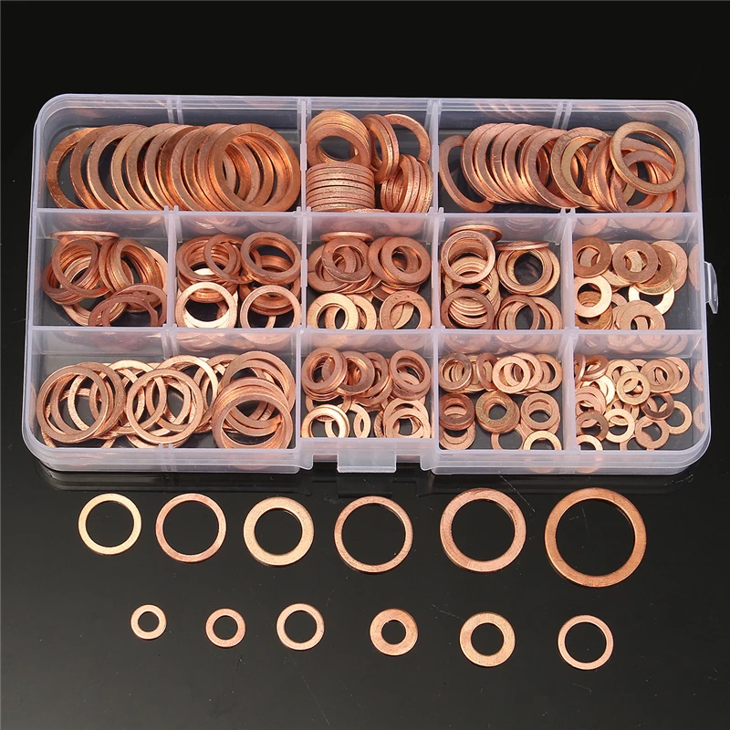 

280pcs Copper Washers Set M5-M20 Solid Copper Washer Gasket Sealing Ring Assortment Kit Set with Case 12 Sizes