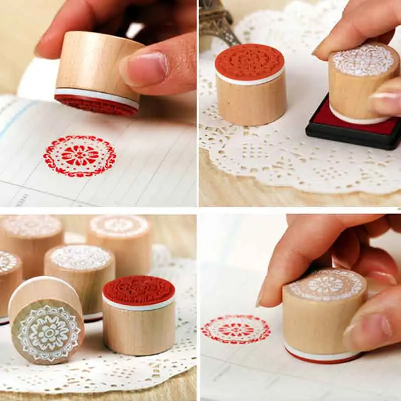 6pcs Vintage Round Wooden Embossing Stamps Craft Floral Flower Pattern