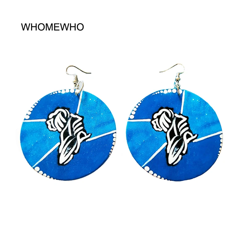 

WHOMEWHO Tribal Wood Blue Paintinig Africa Map Continent Shape Fist Vintage Earrings Wooden African Bohemia Afro Ear Jewelry