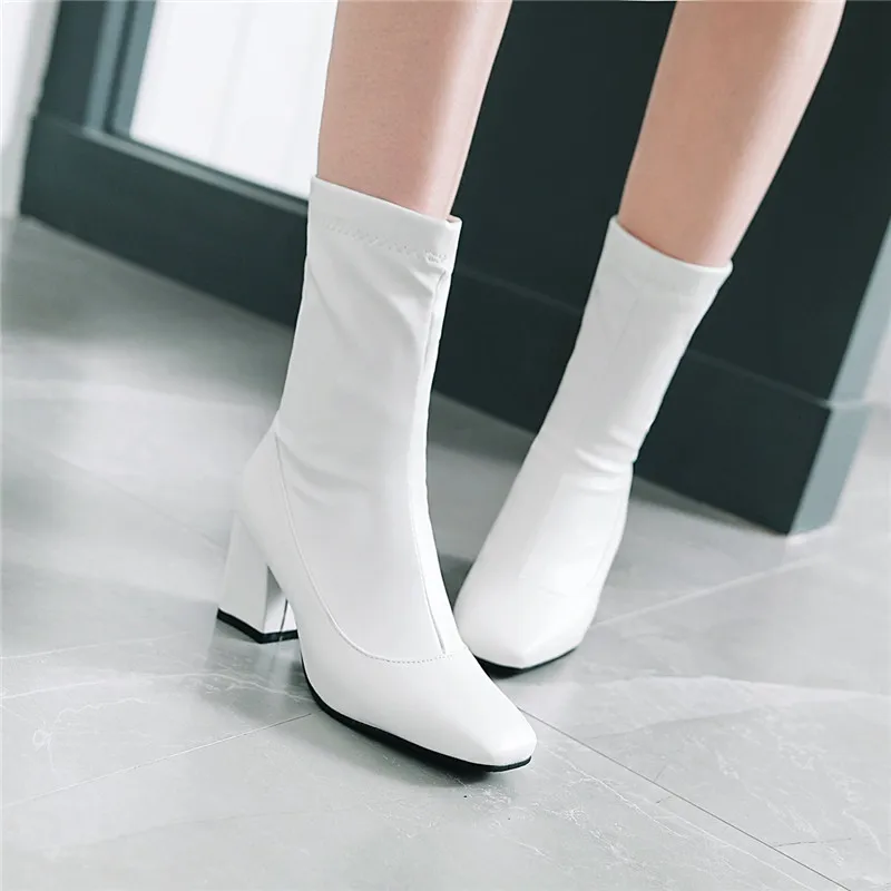 YMECHIC/женские ботильоны; цвет белый, черный; обувь на высоком каблуке; женские ботинки для верховой езды из эластичной искусственной кожи с квадратным носком; женские ботинки размера плюс