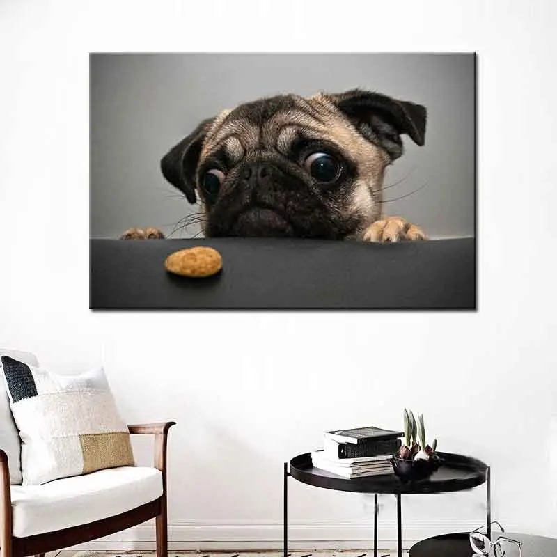 

Large Size Lovely Dog With Food Canvas Print Painting Modern Cute Pug Picture Animal Artwork For Living Room Wall Decor 1Pcs