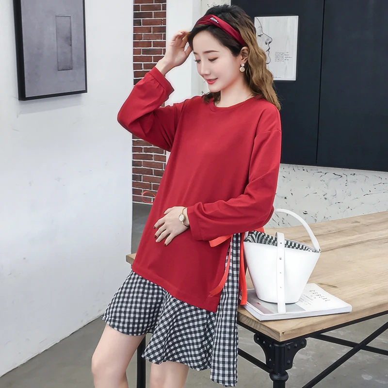 

613# Vintage Plaid Patchwork Cotton Maternity Dress Autumn Fashion Loose Clothes for Pregnant Women Sweet Pregnancy Clothing