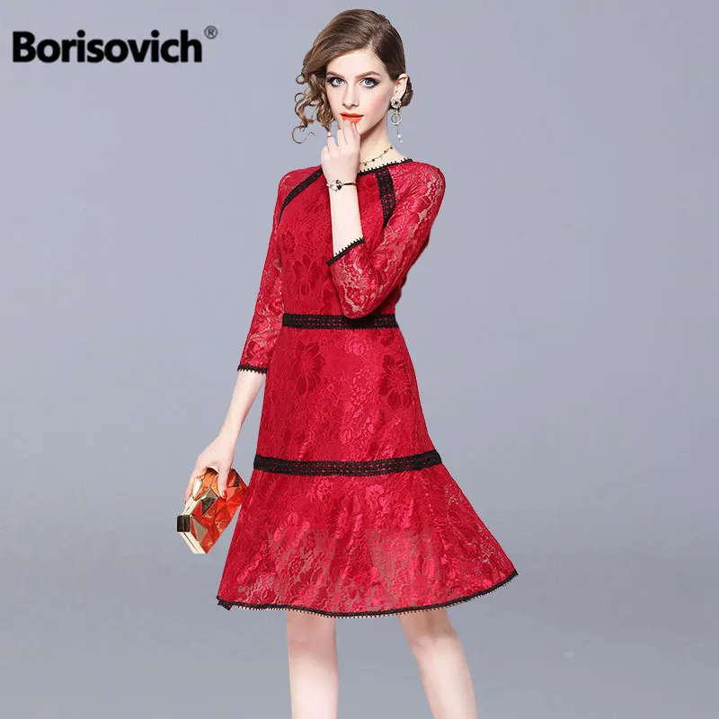 

Borisovich Women A-line Casual Dress New 2018 Autumn Fashion Patchwork Red Lace Luxury Elegant Slim Ladies Party Dresses N035