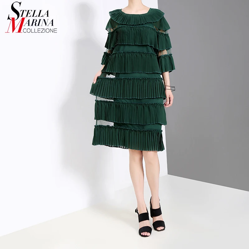 

New 2019 Women Summer Solid Green Elegant Straight Dress Pleated Ruffles Ladies Knee Length Midi Party Club Wear Dress Robe 5250